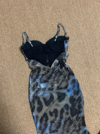 Blue Leopard Lace Halter Maxi Dress Y2K Midi Dress