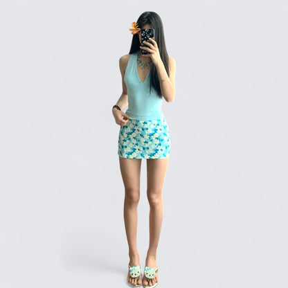 Blue Halter and Blue Floral Skirt Y2K Two Pieces Sets