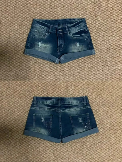White Halter and Blue Mini Shorts Y2K Two Pieces Sets