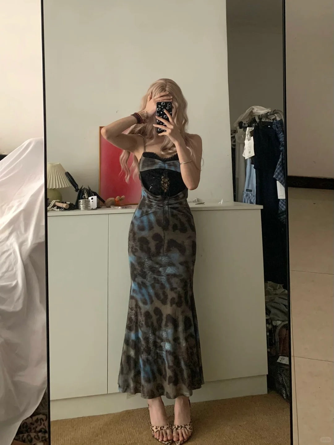 Blue Leopard Lace Halter Maxi Dress Y2K Midi Dress