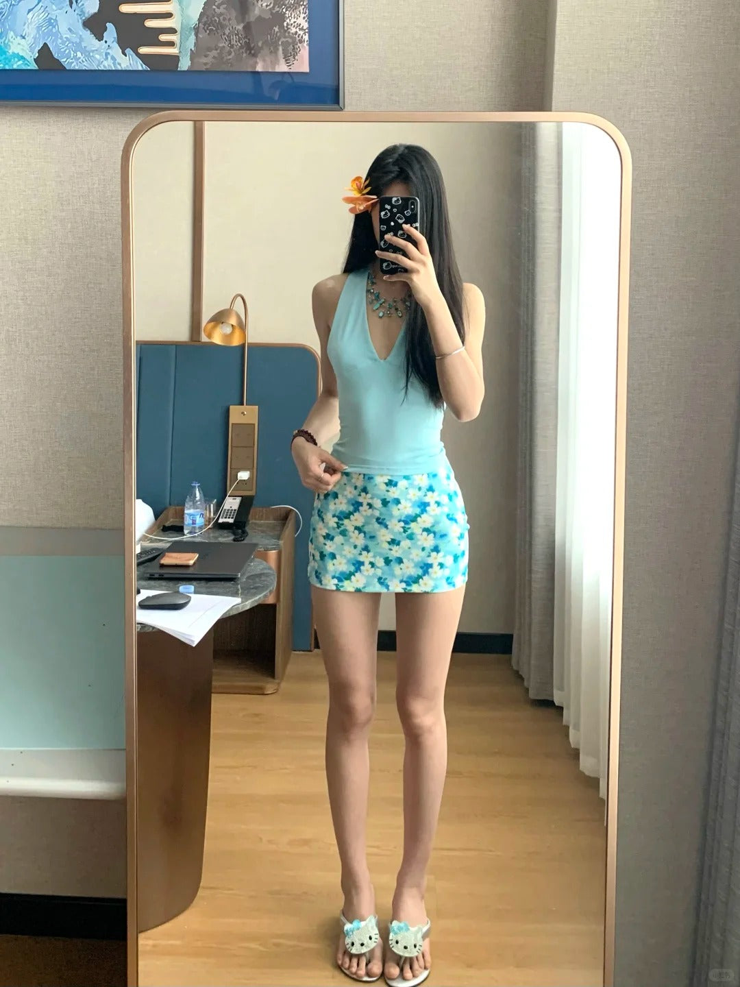 Blue Halter and Blue Floral Skirt Y2K Two Pieces Sets