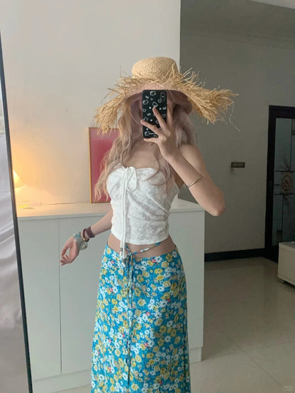 White Tie-Front Bustier and Blue Floral Skirt Y2K Two Pieces Sets