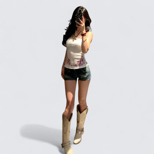 White Halter and Blue Mini Shorts Y2K Two Pieces Sets