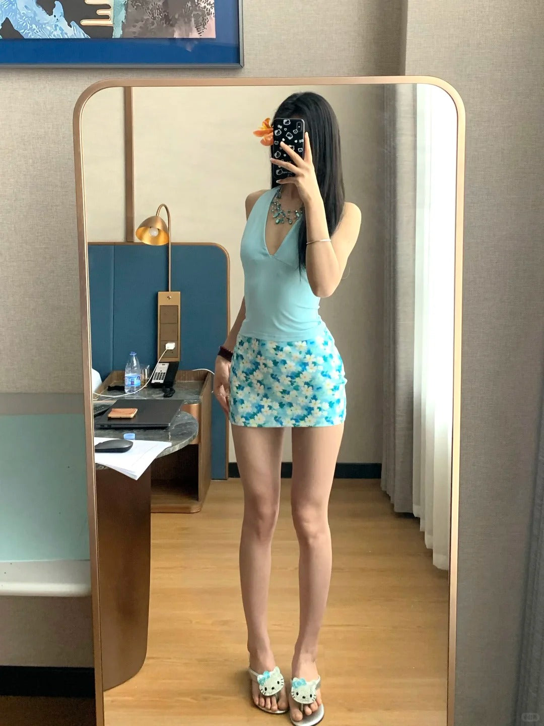 Blue Halter and Blue Floral Skirt Y2K Two Pieces Sets