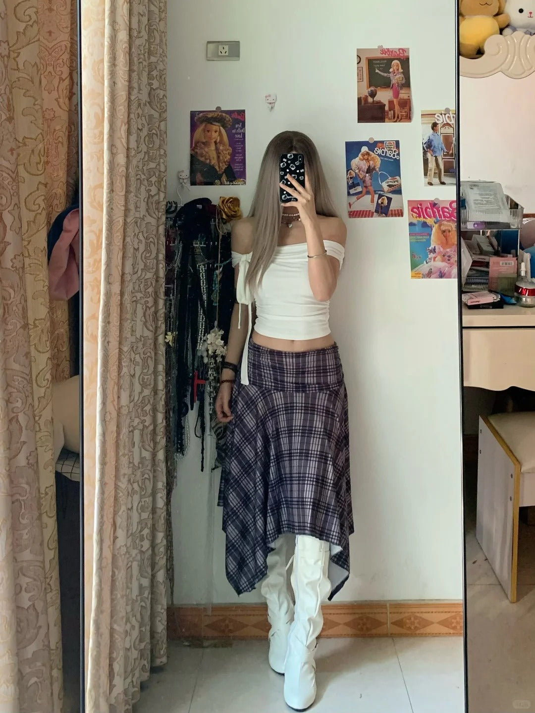 White One Shoulder Crop and Purple Brown Plaid Skirt Y2K Two Pieces Sets