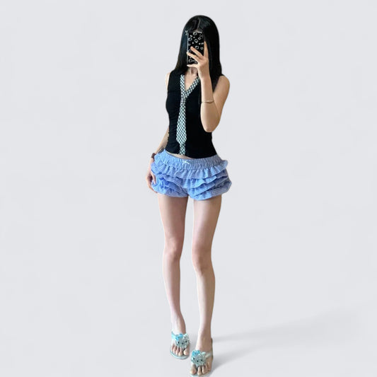 Black Collar Tie Top and Blue Cake Skirt Y2K Two Pieces Sets