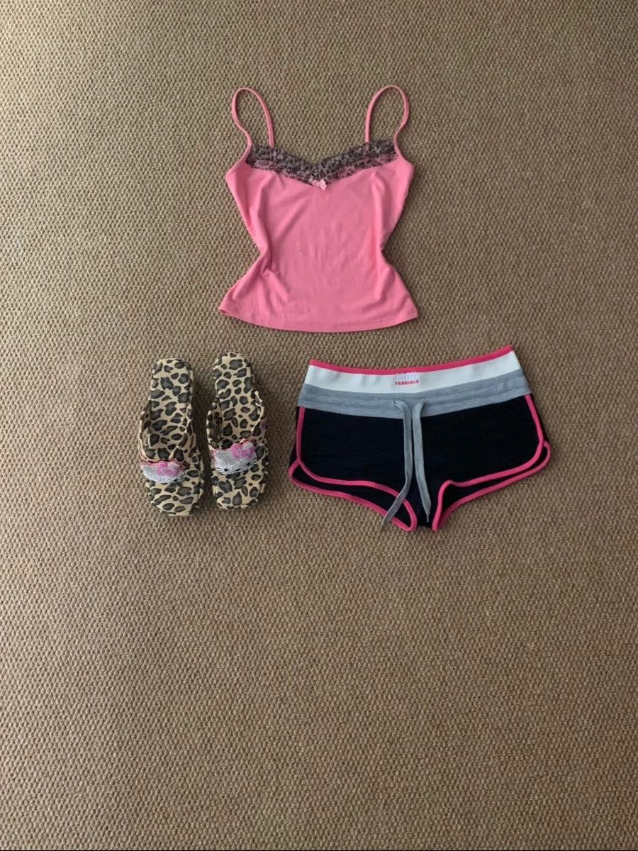 Pink Lace Cami and Black Shorts Y2K Two Pieces Sets