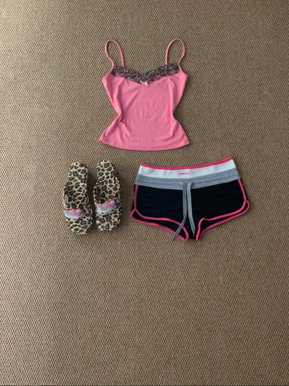 Pink Lace Cami and Black Shorts Y2K Two Pieces Sets