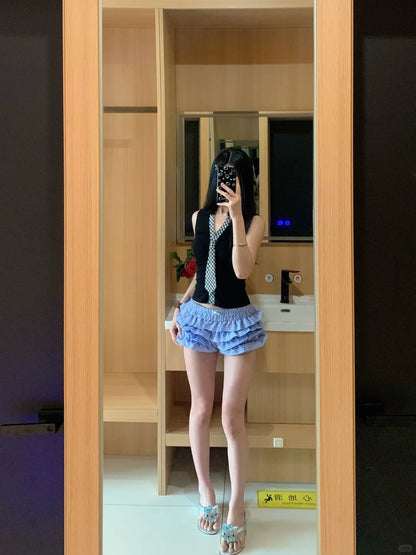 Black Collar Tie Top and Blue Cake Skirt Y2K Two Pieces Sets