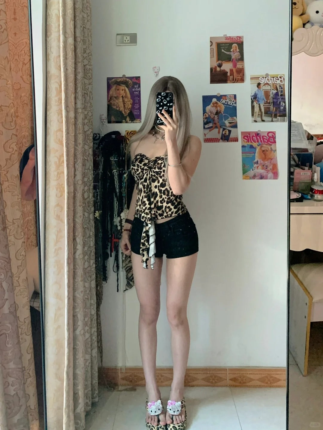 Leopard Crop Top and Black Shorts with Tie Y2K Two Pieces Sets