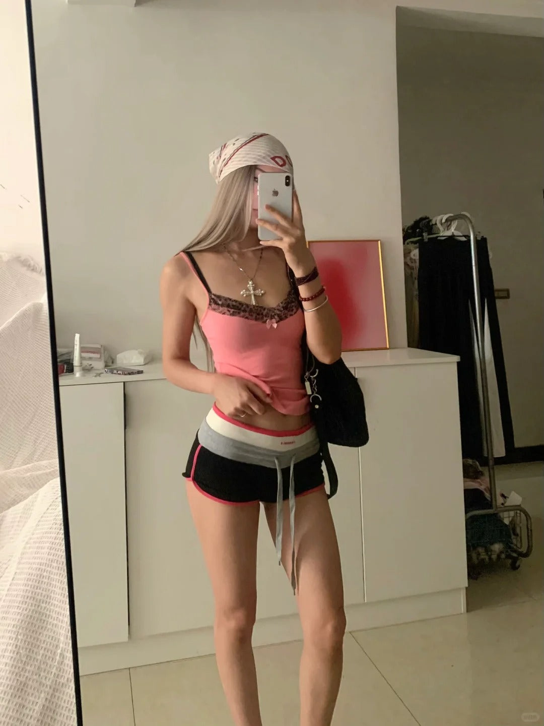 Pink Lace Cami and Black Shorts Y2K Two Pieces Sets