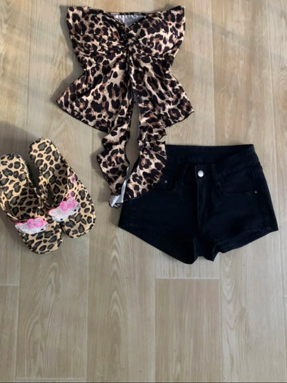 Leopard Crop Top and Black Shorts with Tie Y2K Two Pieces Sets