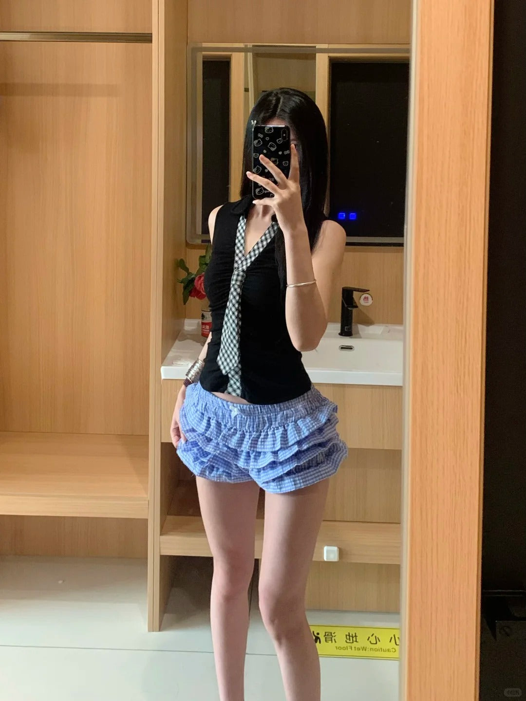 Black Collar Tie Top and Blue Cake Skirt Y2K Two Pieces Sets