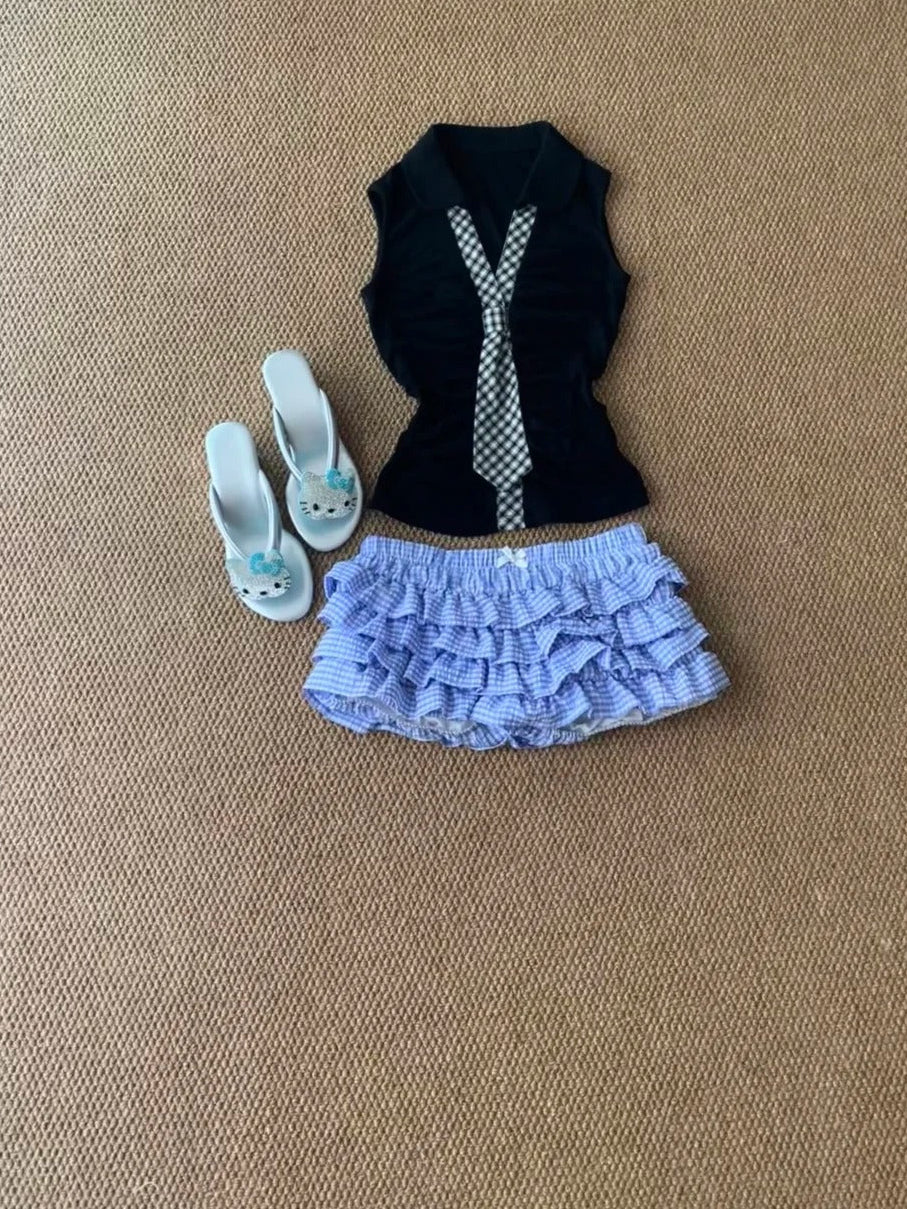Black Collar Tie Top and Blue Cake Skirt Y2K Two Pieces Sets