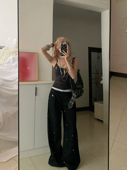 Black Dot Halter Crop and Pearl Wide-Leg Pants Y2K Two Pieces Sets