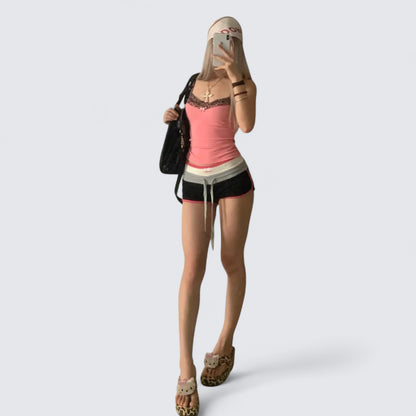Pink Lace Cami and Black Shorts Y2K Two Pieces Sets