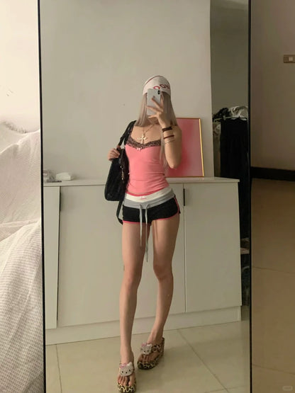 Pink Lace Cami and Black Shorts Y2K Two Pieces Sets