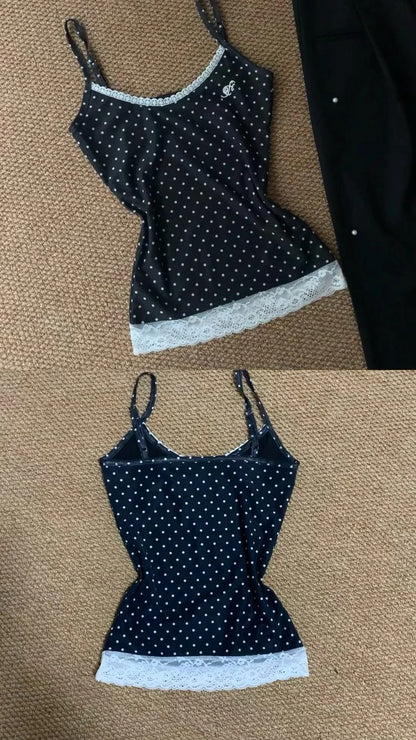 Black Dot Halter Crop and Pearl Wide-Leg Pants Y2K Two Pieces Sets