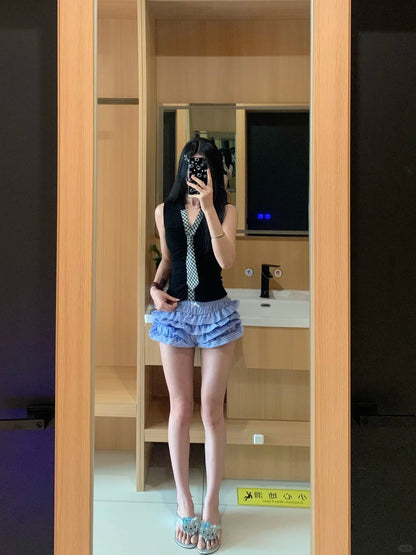 Black Collar Tie Top and Blue Cake Skirt Y2K Two Pieces Sets