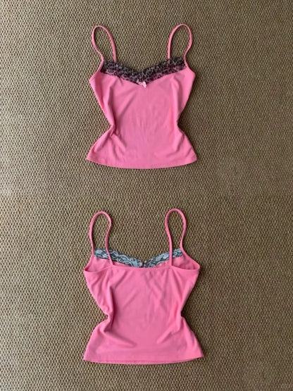 Pink Lace Cami and Black Shorts Y2K Two Pieces Sets