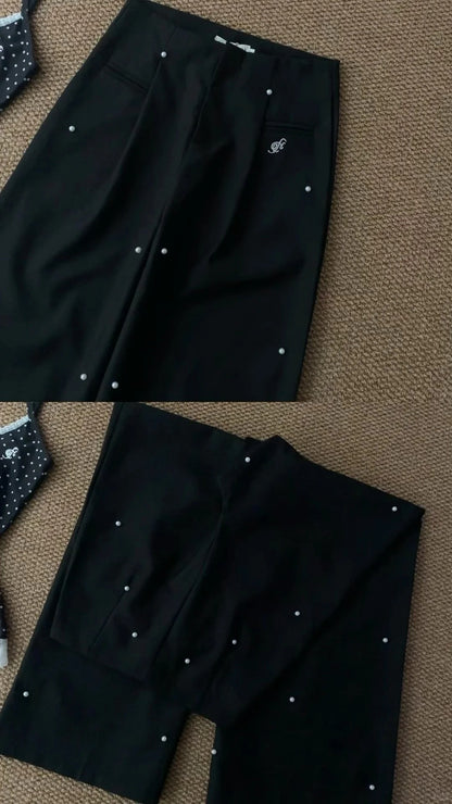 Black Dot Halter Crop and Pearl Wide-Leg Pants Y2K Two Pieces Sets