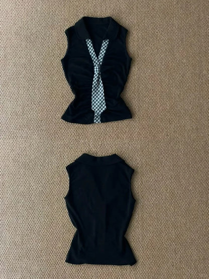 Black Collar Tie Top and Blue Cake Skirt Y2K Two Pieces Sets