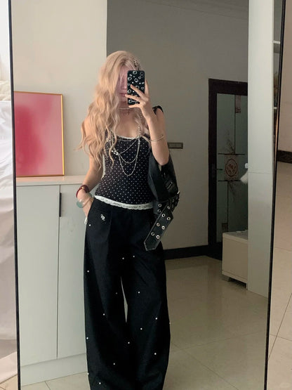 Black Dot Halter Crop and Pearl Wide-Leg Pants Y2K Two Pieces Sets