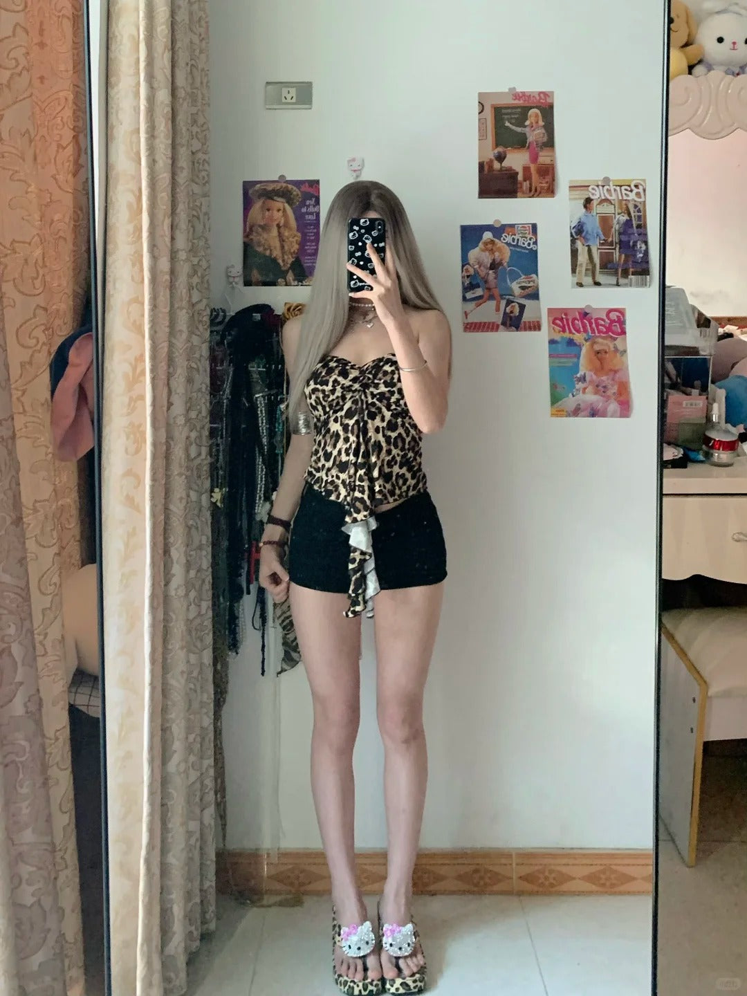 Leopard Crop Top and Black Shorts with Tie Y2K Two Pieces Sets
