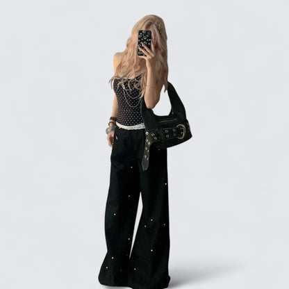 Black Dot Halter Crop and Pearl Wide-Leg Pants Y2K Two Pieces Sets