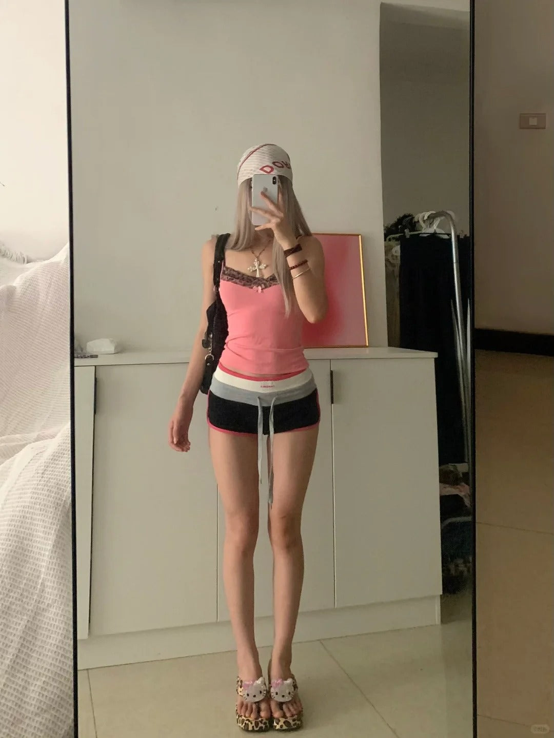 Pink Lace Cami and Black Shorts Y2K Two Pieces Sets