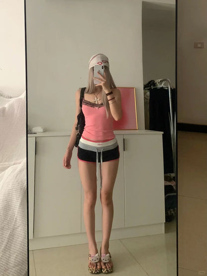 Pink Lace Cami and Black Shorts Y2K Two Pieces Sets