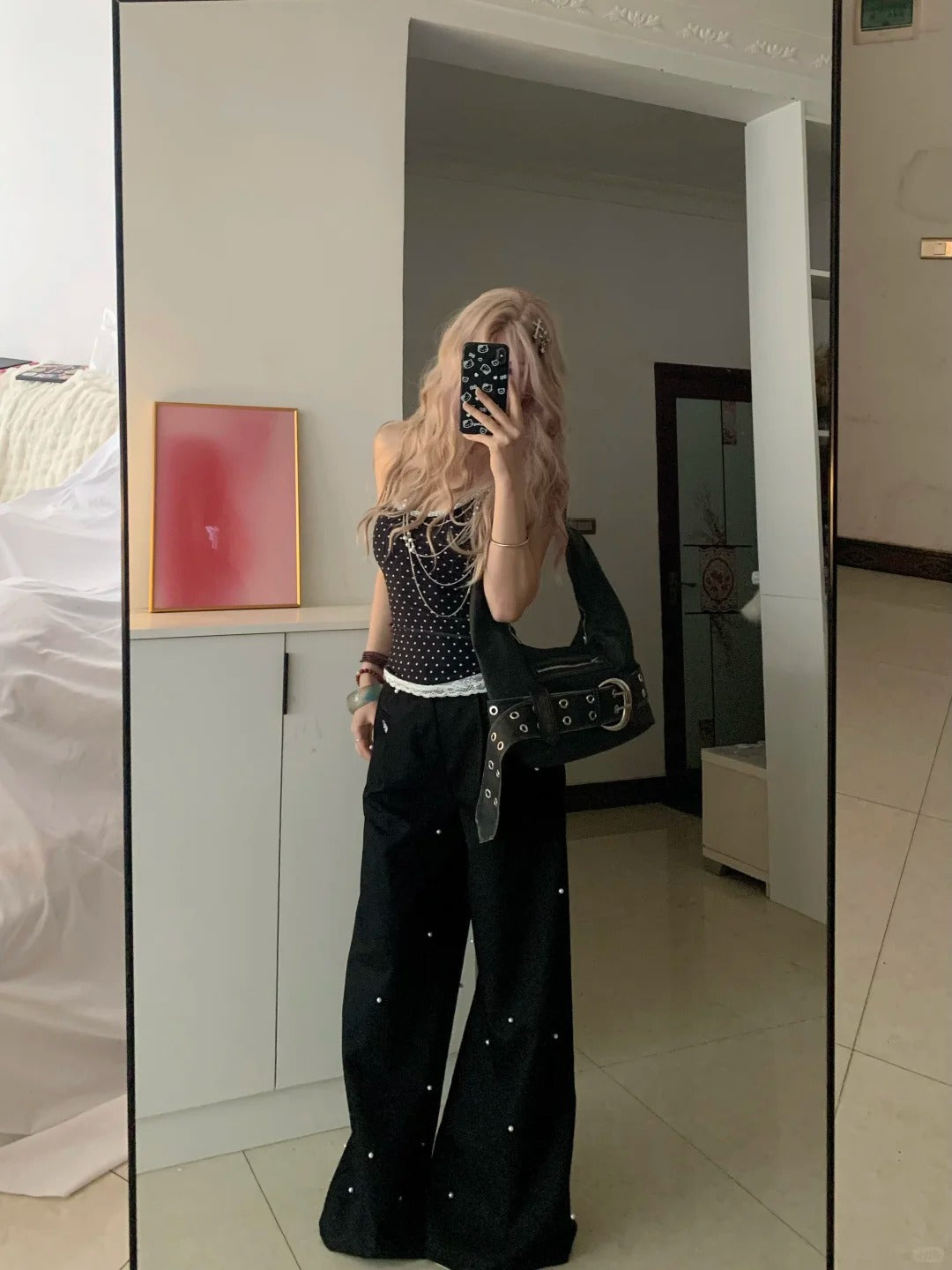 Black Dot Halter Crop and Pearl Wide-Leg Pants Y2K Two Pieces Sets