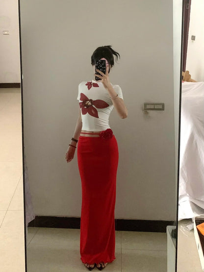 White Floral Crop and Red Skirt Y2K Two Pieces Sets
