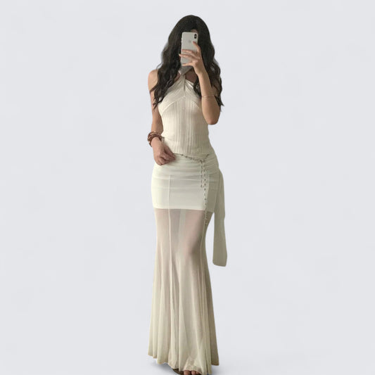 White Halter and White Mesh Skirt Y2K Two Pieces Sets