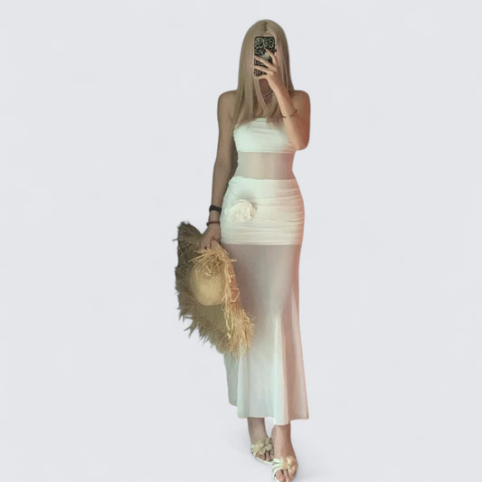 White Bustier Dress with Mesh Panel Y2K Midi Dress