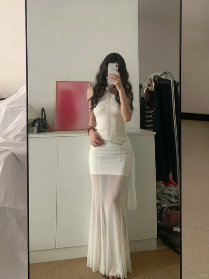 White Halter and White Mesh Skirt Y2K Two Pieces Sets