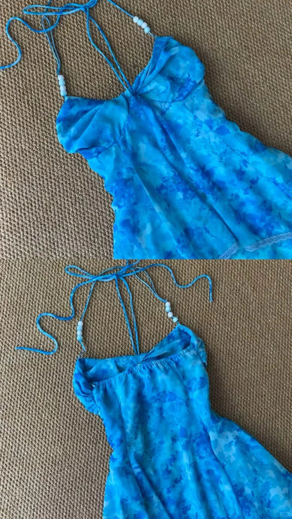 Blue Tie-Dye Halter Maxi Dress Y2K Midi Dress
