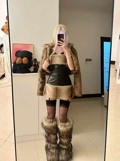 Brown Fur Jacket and Faux Leather Skirt Y2K Outfit