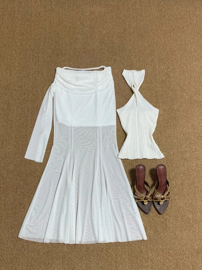 White Halter and White Mesh Skirt Y2K Two Pieces Sets
