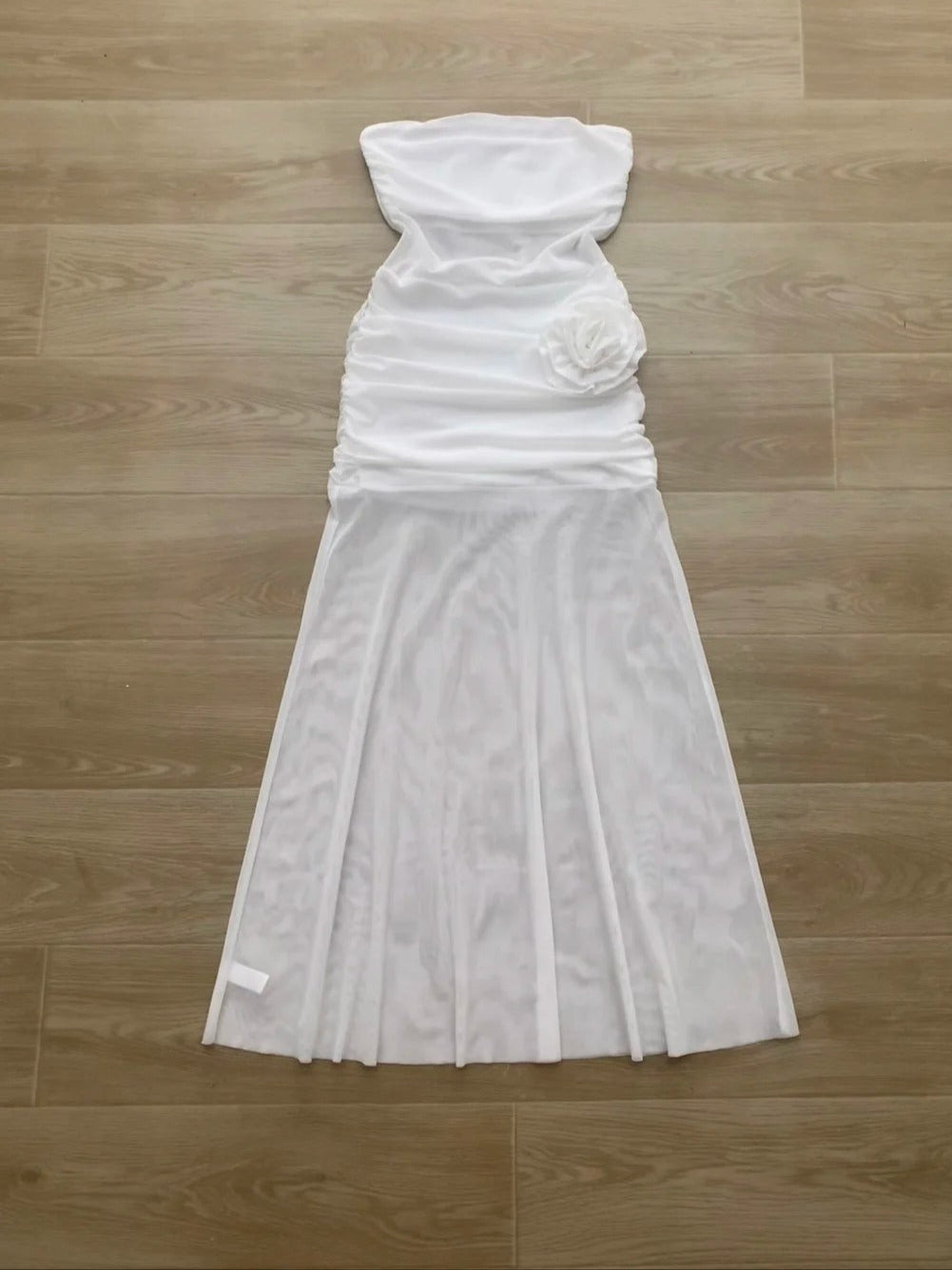 White Bustier Dress with Mesh Panel Y2K Midi Dress
