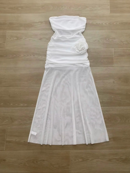 White Bustier Dress with Mesh Panel Y2K Midi Dress