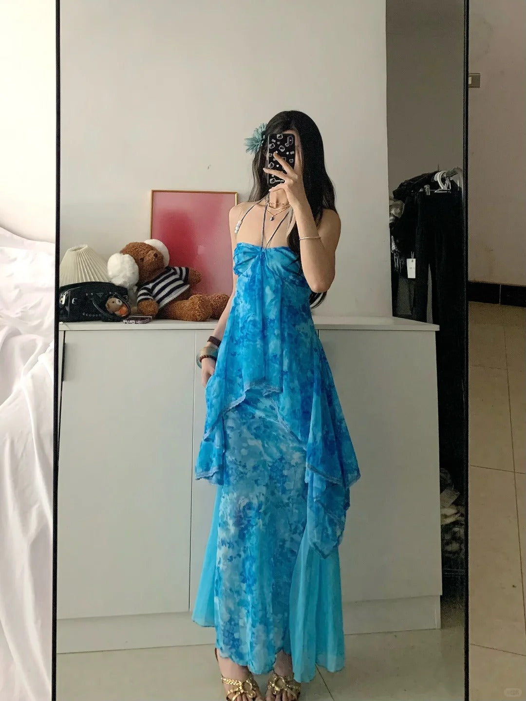 Blue Tie-Dye Halter Maxi Dress Y2K Midi Dress