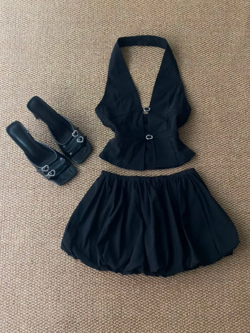 Black Halter Ring Detail Crop and Flared Shorts Y2K Two Pieces Sets