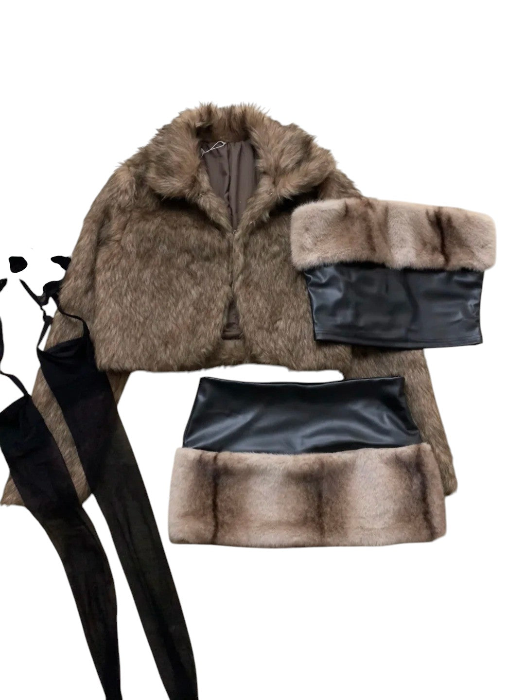 Brown Fur Jacket and Faux Leather Skirt Y2K Outfit
