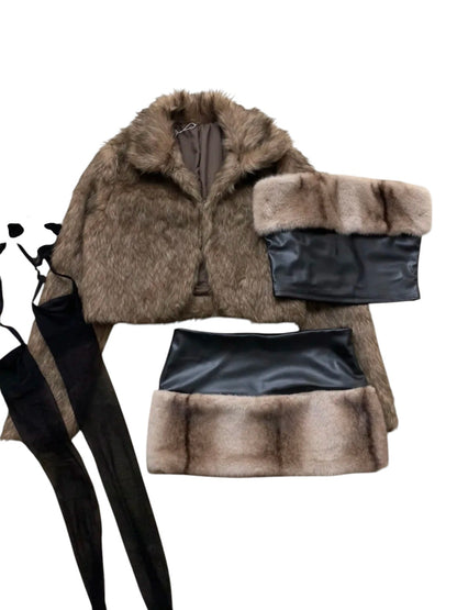 Brown Fur Jacket and Faux Leather Skirt Y2K Outfit