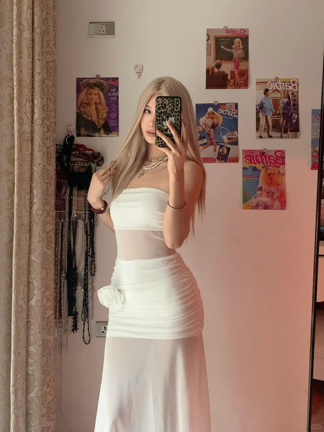 White Bustier Dress with Mesh Panel Y2K Midi Dress