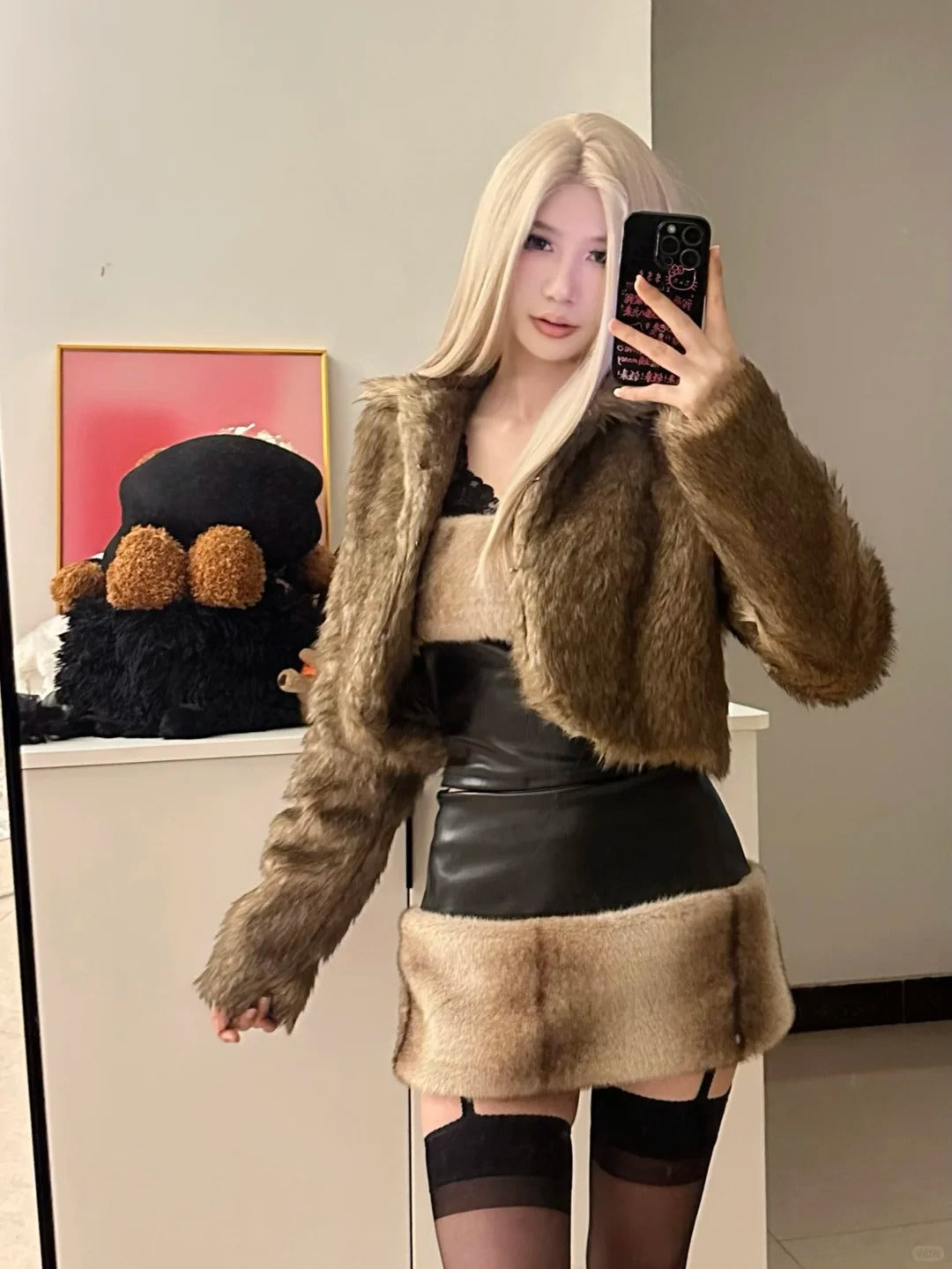 Brown Fur Jacket and Faux Leather Skirt Y2K Outfit