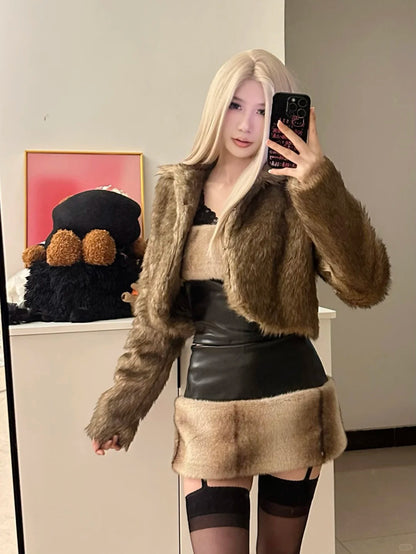 Brown Fur Jacket and Faux Leather Skirt Y2K Outfit