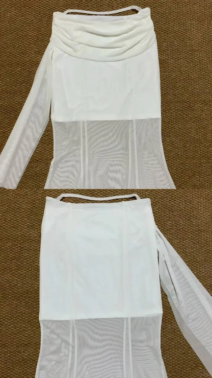 White Halter and White Mesh Skirt Y2K Two Pieces Sets