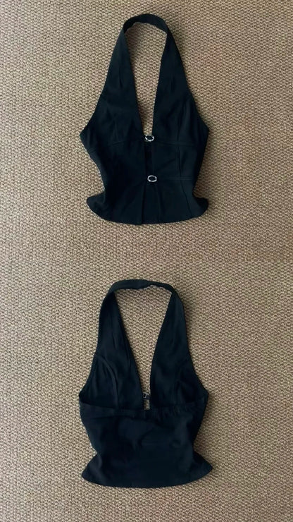 Black Halter Ring Detail Crop and Flared Shorts Y2K Two Pieces Sets